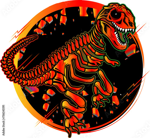 Dinosaurier Skelett Tyrannosaurus Rex Dino Fossil im Comic Stil gezeichnet rot gelb schwarz mit rundem schwarzenHintergrund
