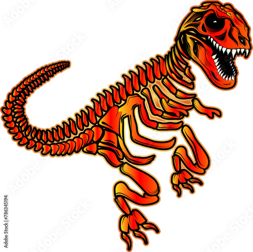 Dinosaurier Skelett Tyrannosaurus Rex Dino Fossil im Comic Stil gezeichnet rot gelb schwarz isoliert