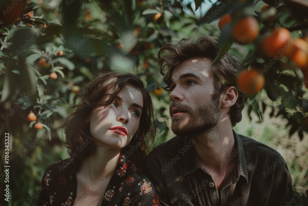 Fototapeta premium Romantic couple amidst orange trees in an orchard gazing into the distance