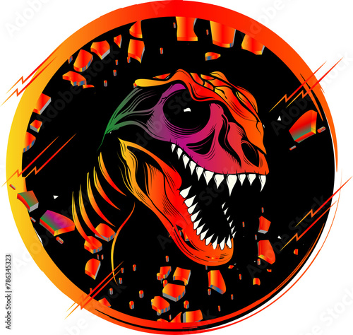 Dinosaurier Schädel Tyrannosaurus Rex Dino Kopf Fossil im Comic Stil gezeichnet schwarz und rötlichen Farben mit schwarzen kreisrunden Hintergrund