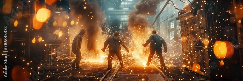 A dramatic view of industrial workers in protective gear amidst intense fiery sparks at a foundry or metalwork factory photo
