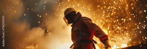 A brave firefighter in full gear walks through a blinding shower of sparks, showcasing the peril of the profession