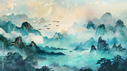 Traditional landscape green golden illustration poster background photo