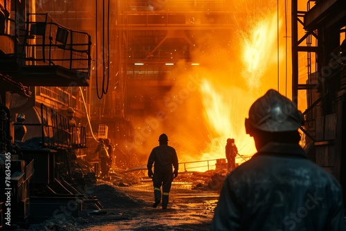 Industrial workers walk in a steel foundry with intense sparks and a molten metal furnace background