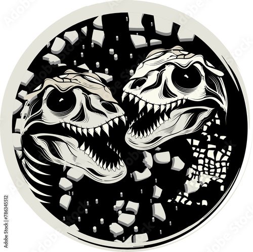 zwei Dinosaurier Schädel Tyrannosaurus Rex im Comic Stil gezeichnet schwarz weiß mit rundem Hintergrund