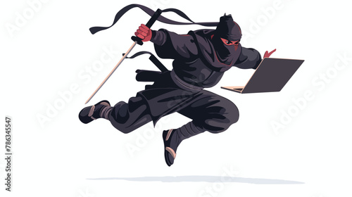Render of ninja leaping and holding a laptop flat vector