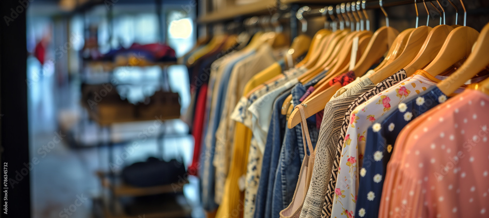 A selective focus shot of a clothing rack with numerous stylish garments for a fashion-forward look