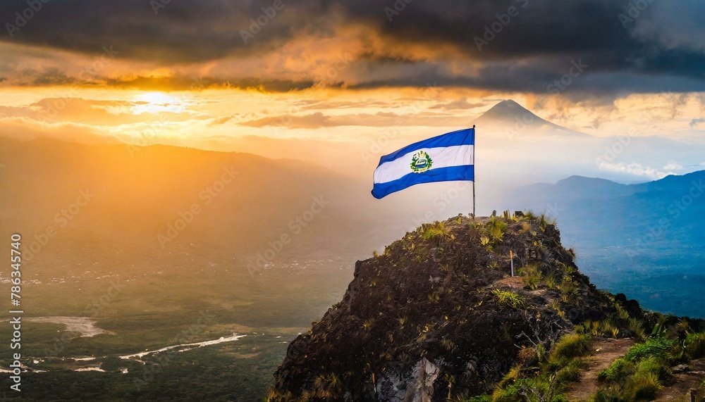 The Flag of El Salvador On The Mountain. - obrazy, fototapety, plakaty 