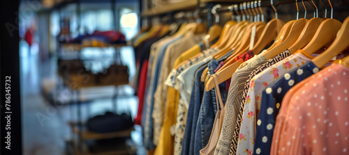 A selective focus shot of a clothing rack with numerous stylish garments for a fashion-forward look