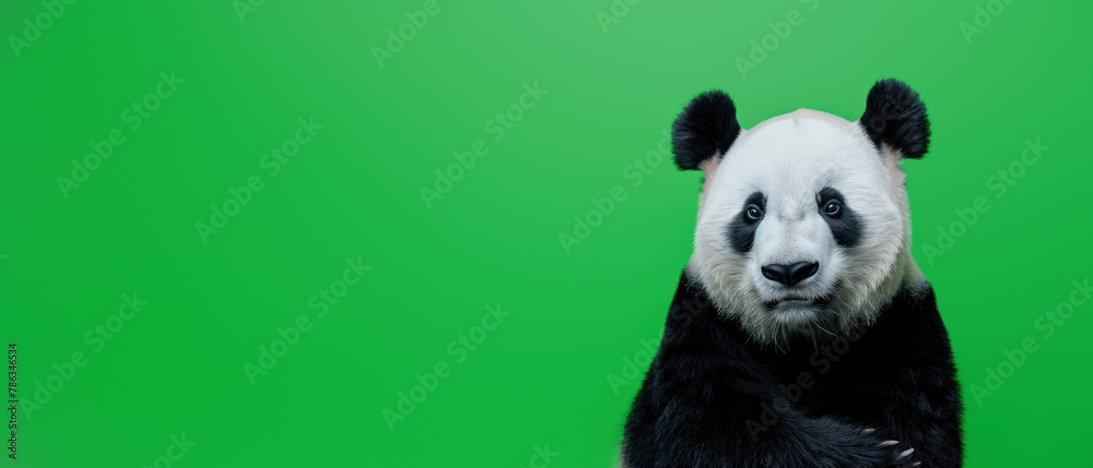 Naklejka premium This striking image captures the serene face of a panda with its distinctive black and white fur set against a vivid green backdrop
