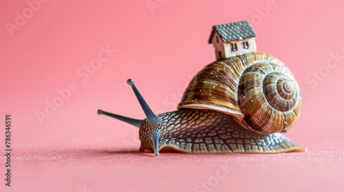 The snail with a house on a shell on its back on pink background. Easy housing metaphor. Real estate business concept.