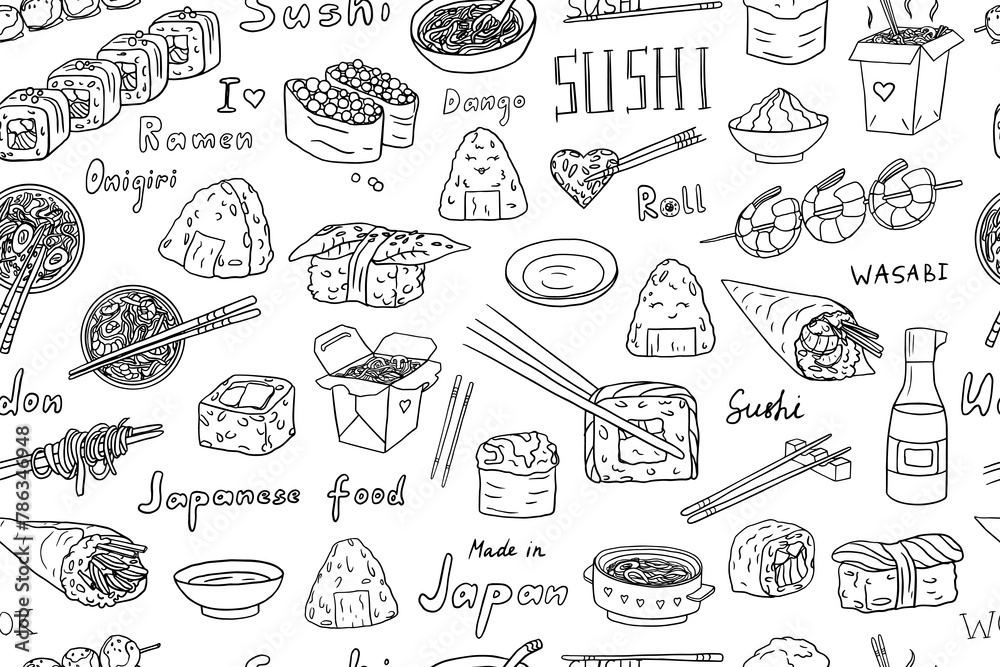 Seamless pattern of Japanese cuisine. Ramen, udon, onigiri, wasabi, wok, dango, roll, salmon, fish, eel, chopsticks, soy sauce, shrimp, sushi roll, rice, ginger, noodle. Asian food. Hand drawn