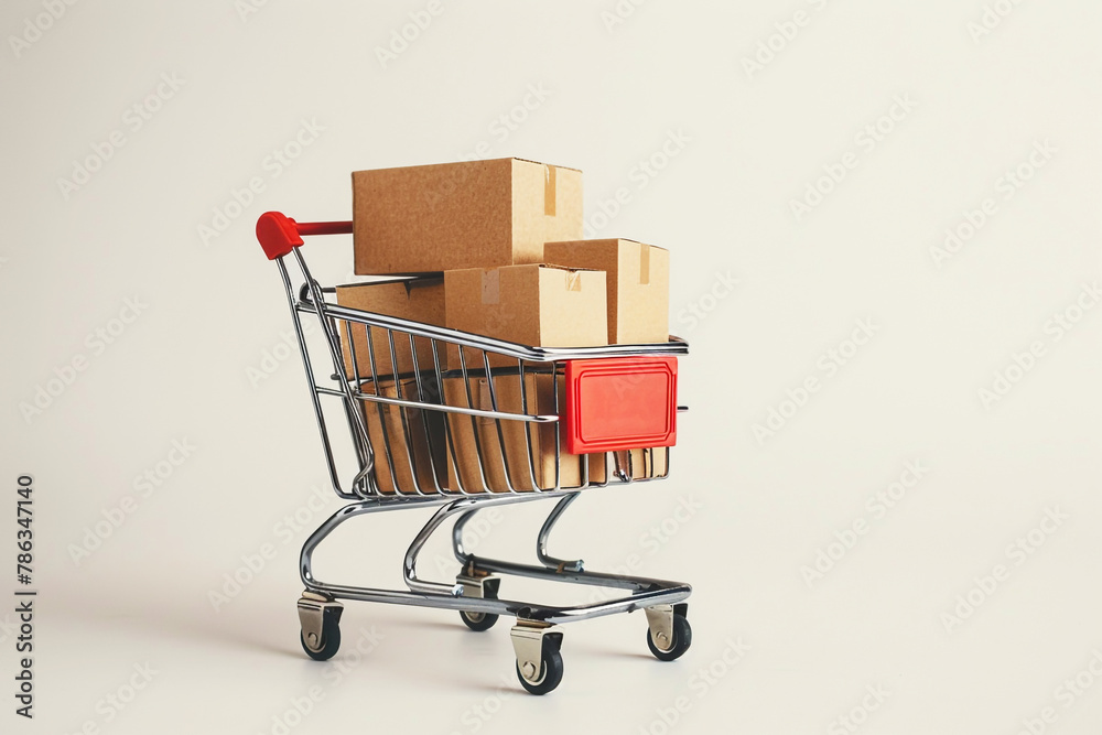 Shopping cart with cardboard boxes inside it on a white background. Supermarket trolly with cardboard boxes. Generative AI. 