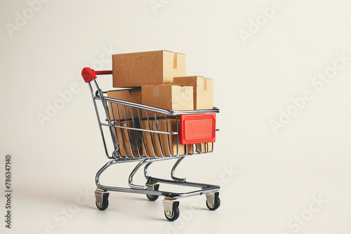 Shopping cart with cardboard boxes inside it on a white background. Supermarket trolly with cardboard boxes. Generative AI. 