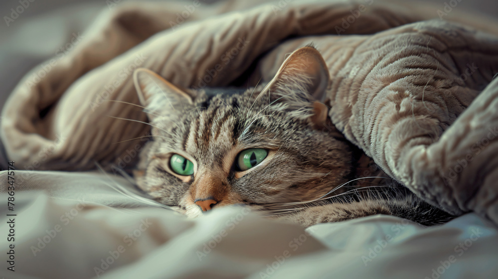Cute pet. Cat with green eyes lying on soft blanket 