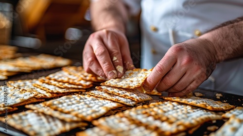 Passover ritual breaking middle matzah close up, hands separating in symbolic moment