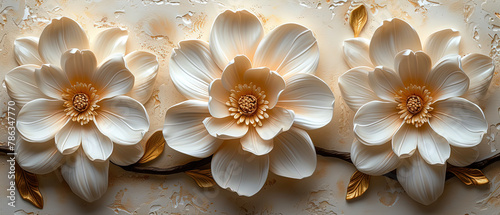 a three white flowers on a wall with gold leaves
