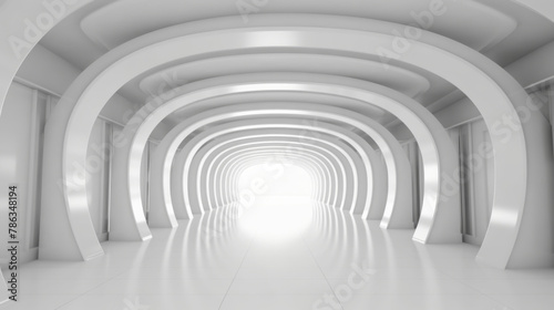A 3D rendering of a white corridor, illuminated with soft white light, featuring abstract architectural elements in a minimalist and monochrome style