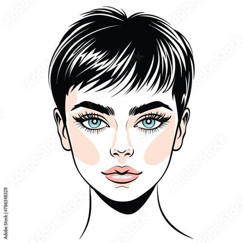a woman's face with short hair and blue eyes