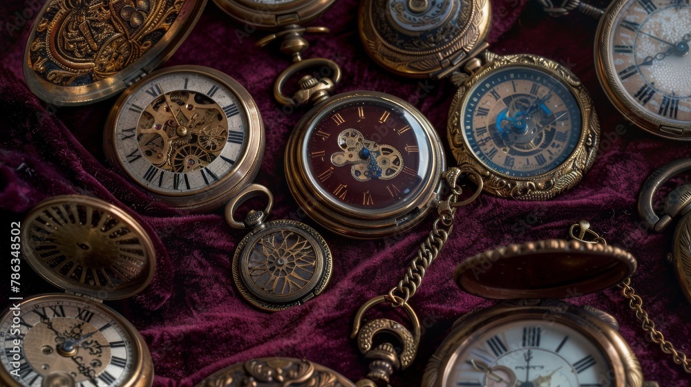 Macro Shot of Vintage Pocket Watches Opening on Velvet Cushion.