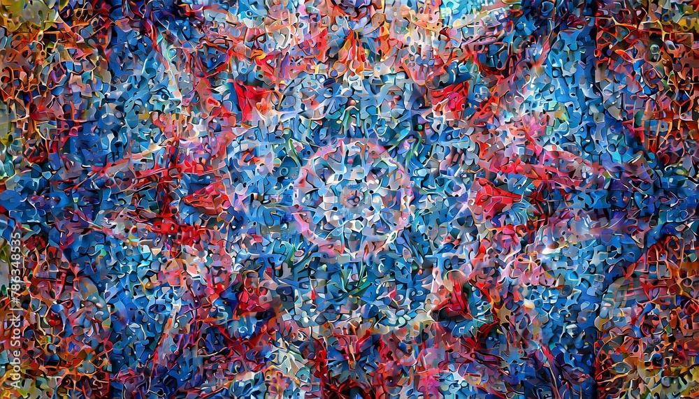 close up of colorful fabric, Mandala art with dot patterns in warm and cool colors, ideal for peace and creativity through art therapy. Serene mandala design blending red and blue, perfect for meditat - obrazy, fototapety, plakaty 