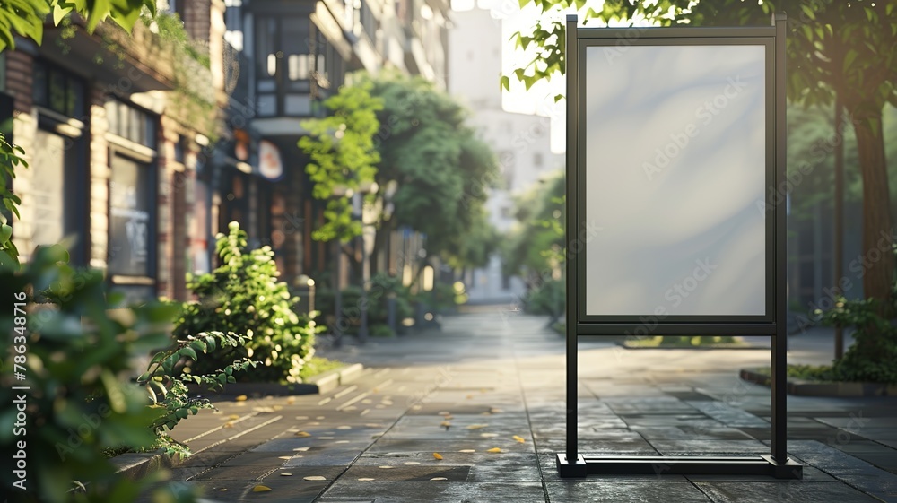 a realistic mockup of sandwich board with realistic street landscape background
