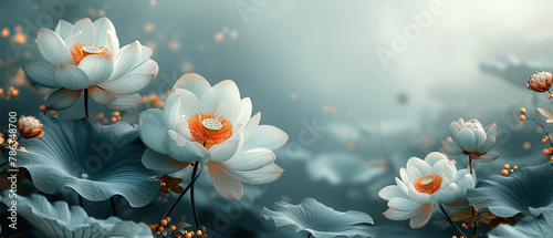 a many white flowers with orange centers in the middle of the picture