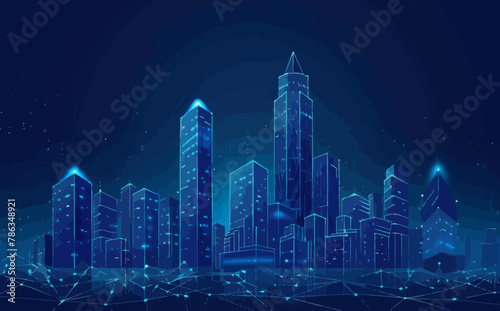 a cityscape with lines and dots on a dark blue background