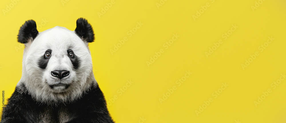Fototapeta premium A captivating close-up portrait of a panda with vivid yellow backdrop accentuating its features