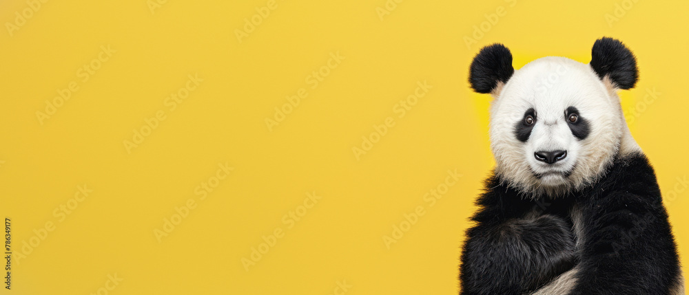 Detailed close-up of a panda with a soft gaze against a yellow background, highlighting its gentle nature Detailed close-up of a panda with a soft gaze against a yellow background, highlighting its gentle nature