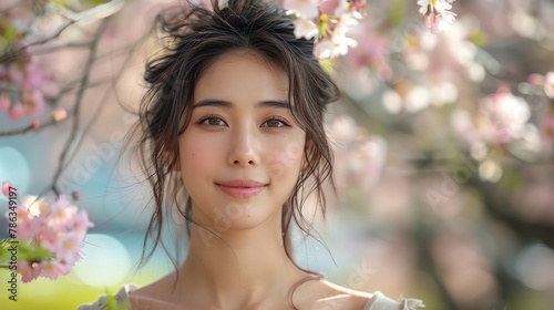 A portrait of an Asian woman smiling gently, standing in a lush green park during springtime, cherry blossoms in the background © Parinwat Studio