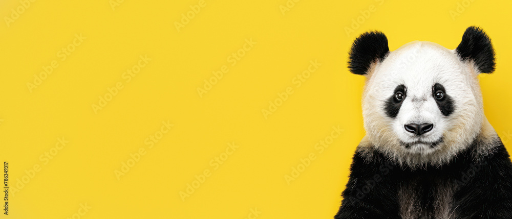 This image features a cute panda bear looking directly at the camera with a vibrant yellow backdrop, showcasing the contrast and appeal of wildlife This image features a cute panda bear looking directly at the camera with a vibrant yellow backdrop, showcasing the contrast and appeal of wildlife