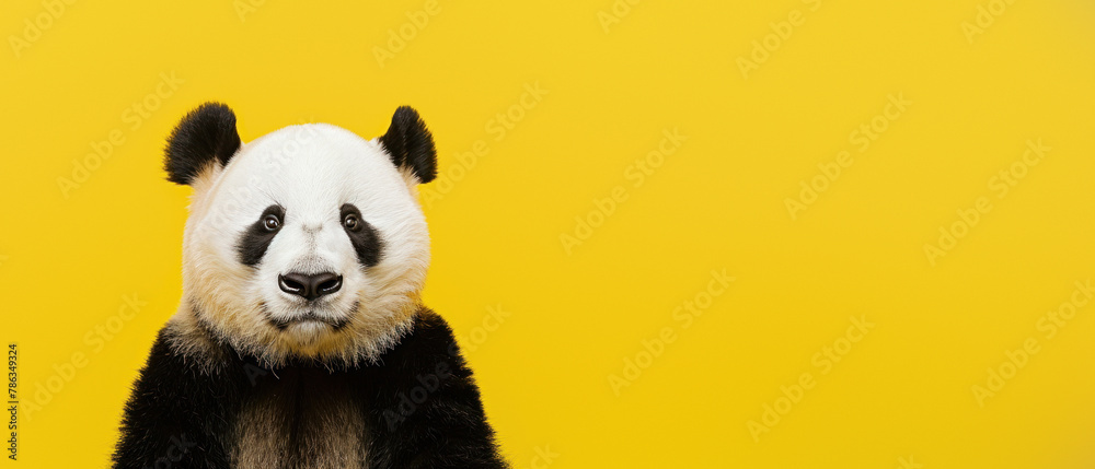 The image captures a charming panda bearing a soft gaze upon a saturated yellow background, emphasizing its heartwarming and expressive eyes The image captures a charming panda bearing a soft gaze upon a saturated yellow background, emphasizing its heartwarming and expressive eyes