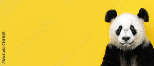 This image features a cute panda bear looking directly at the camera with a vibrant yellow backdrop  showcasing the contrast and appeal of wildlife