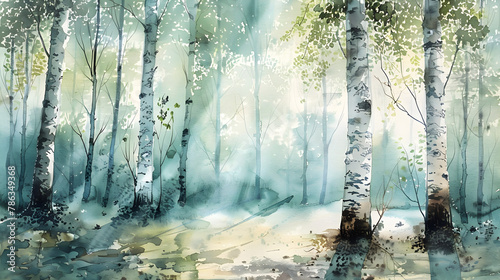 Silver Birch Trees with dappled sunlight streaming through