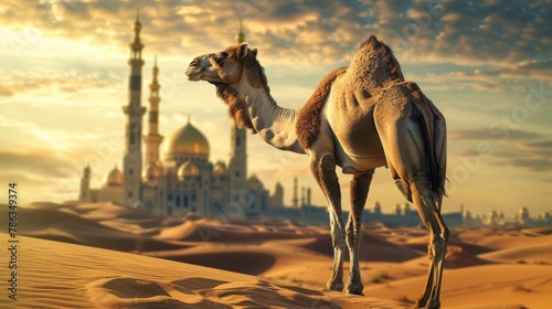 A solitary camel adorned with a traditional saddle against a majestic muslim mosque at sunset in the serene desert landscape. photo