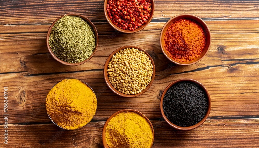 Palette of Flavors: Assorted Spices in Wooden Bowls