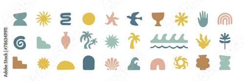 Boho groovy palm tree beach sun sea stickers. Surf club vacation and sunny summer day aesthetic. Vector illustration background in trendy retro naive simple style. Pastel yellow blue braun colors. (ID: 786349911)