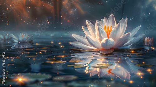 Enchanting Lotus Flower Floating on Starlit Pond Celestial Beauty Reflected