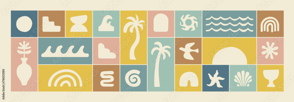 Boho groovy palm tree beach sun sea stickers. Surf club vacation and sunny summer day aesthetic. Vector illustration background in trendy retro naive simple style. Pastel yellow blue braun colors. - obrazy, fototapety, plakaty 