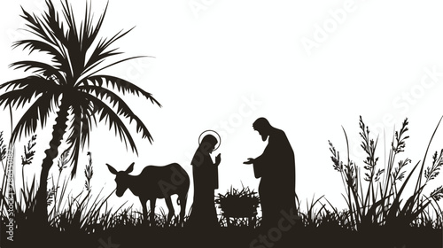 Saint joseph and mary virgin in mule manger silhouette photo