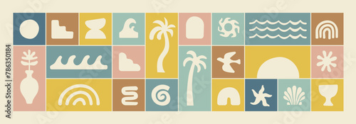 Boho groovy palm tree beach sun sea stickers. Surf club vacation and sunny summer day aesthetic. Vector illustration background in trendy retro naive simple style. Pastel yellow blue braun colors.
