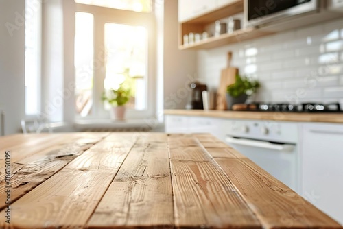 modern kitchen interior with wooden table top blurred background