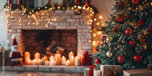 Christmas Interior of festive living room with fireplace. Christmas socks with gifts on fireplace in living room. Festive New Year magic background