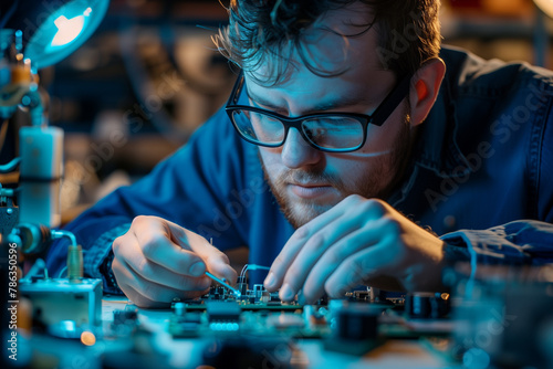 Man in Glasses Working on Circuit Board