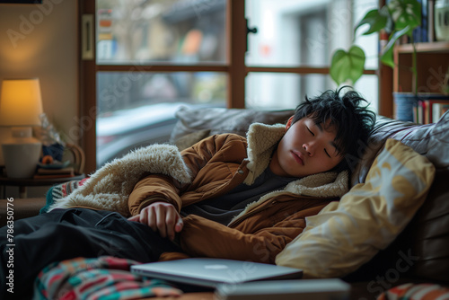 Man Sleeping on Couch With Laptop