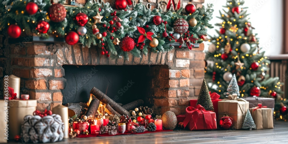 Christmas Interior of festive living room with fireplace. Christmas socks with gifts on fireplace in living room. Festive New Year magic background