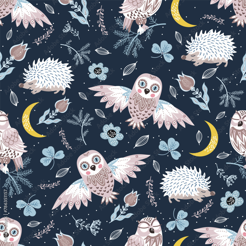 Naklejka premium Seamless pattern with owls, crescents and floral elements.