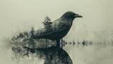 Black bird sits against the background of a forest. Double exposure