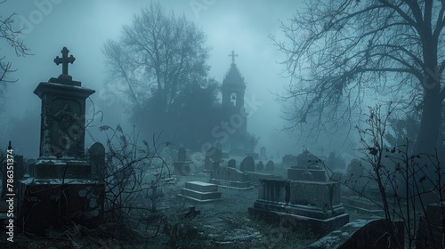 Gloomy scary cemetery and abandoned church in the fog